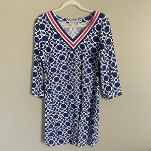 Barbara Gerwit navy and white dress with red trim on neck. Size L.